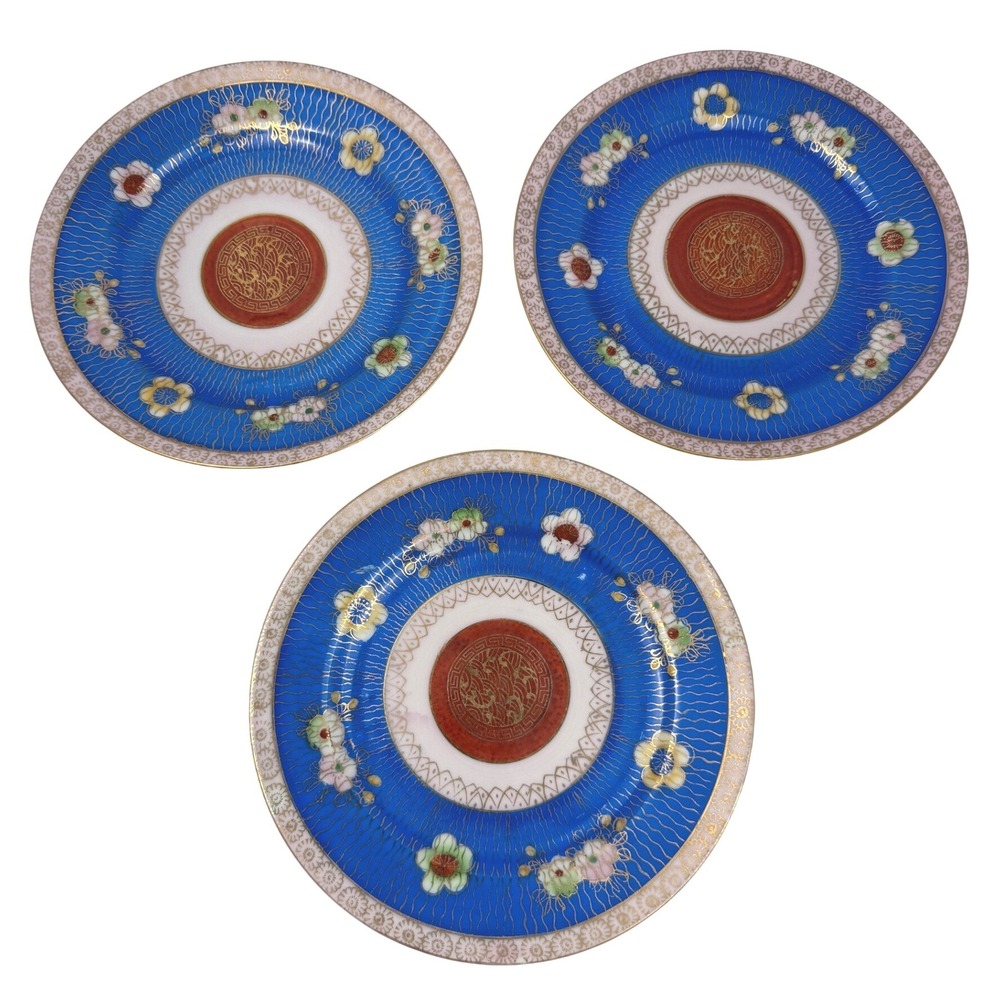 VINTAGE c1930 Yokoi Sei-Ichi Shoten Japan Porcelain Plates Set 3 Cobalt Gold